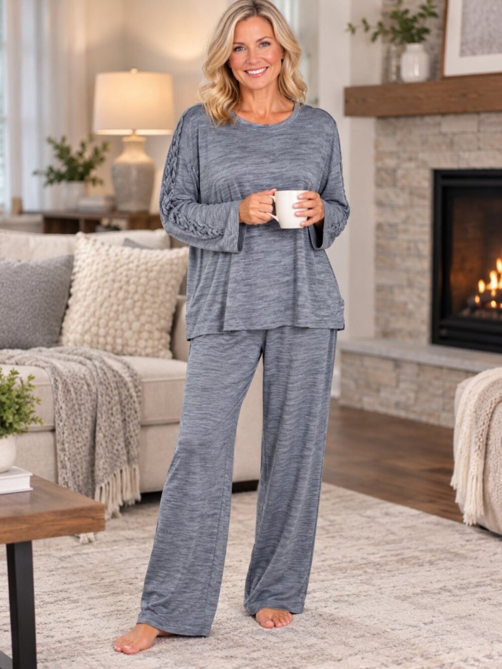MUK LUKS Loungewear Set Top & Bottoms w/Pockets Heathered Gray NWOT 1XL